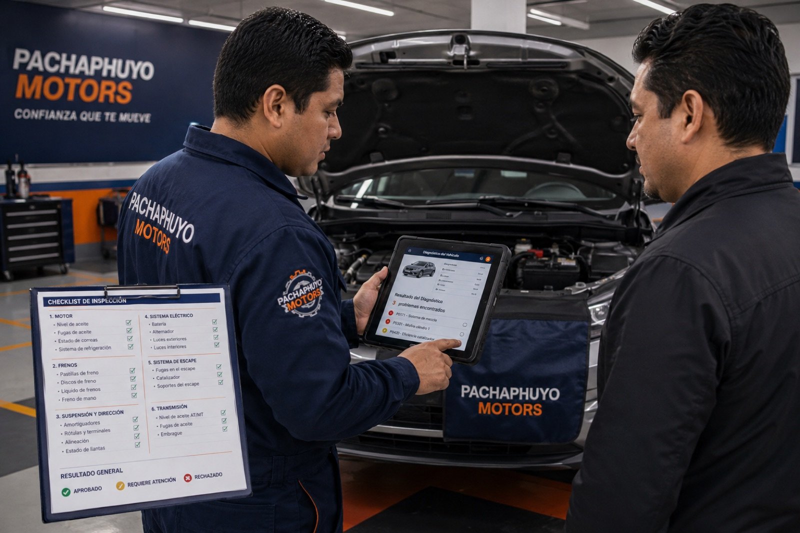 Técnico de Pachaphuyo Motors mostrando el diagnóstico del vehículo a un cliente